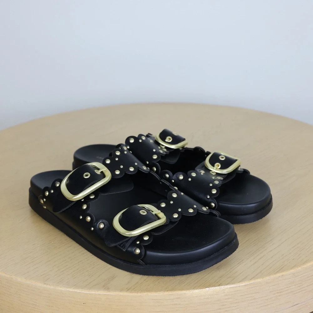 American Eagle Scalloped Studded Double Buckle Slide Sandals Women's 8 Summer